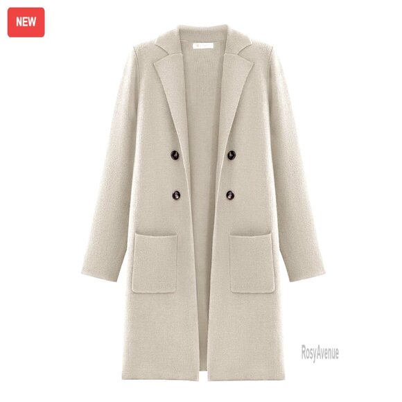 Oversized Open Front Cardigan Sweater Notch Collar Two Pockets Business